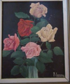 Tableau peintre signé René Laneau bouquet de roses Puisaye Diges